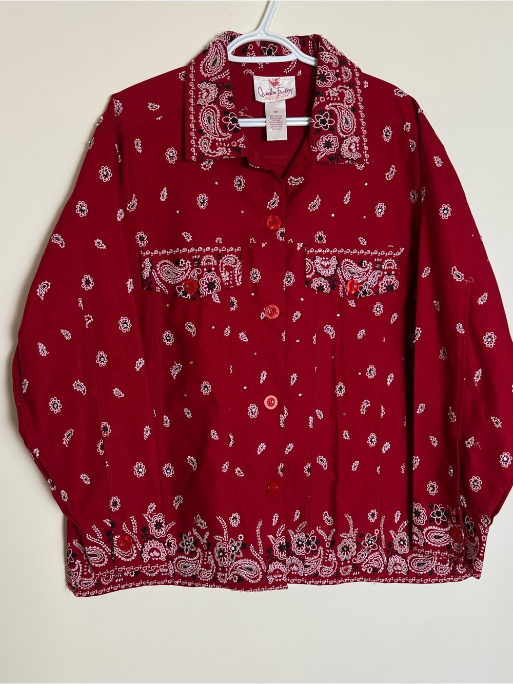 Red Bandana-Print Button Down Jacket Beaded Embellishments